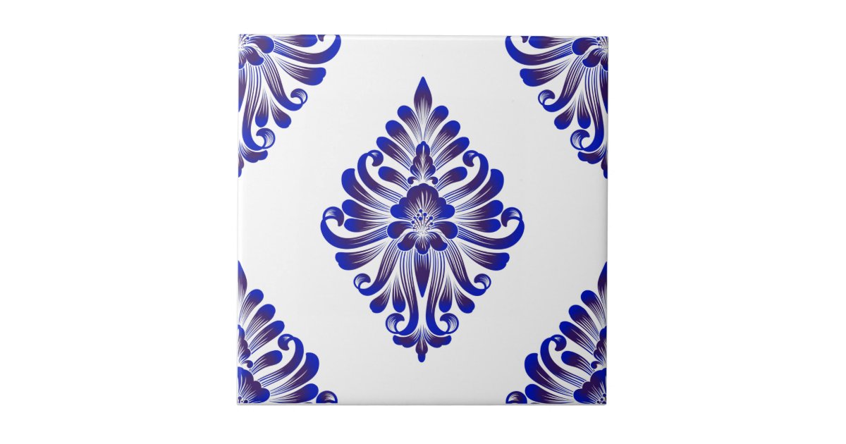 Elegant Navy Blue And White Damask Pattern Ceramic Tile Zazzle