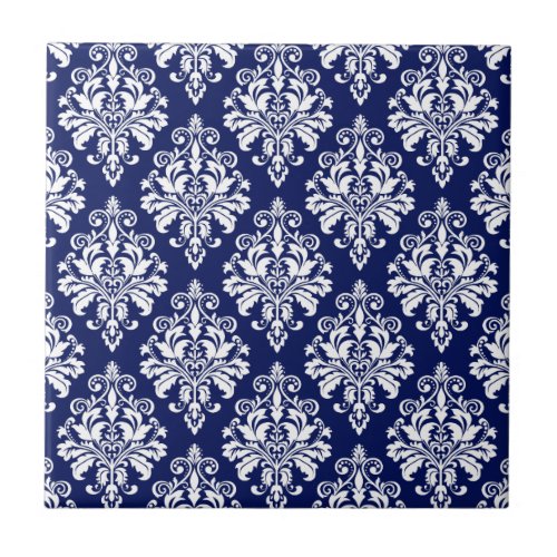 Elegant Navy Blue and White Damask Pattern Ceramic Tile