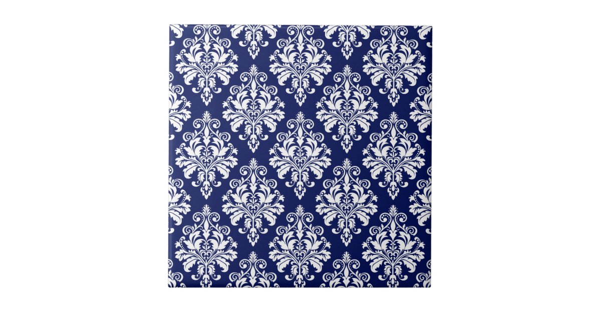 Elegant Navy Blue and White Damask Pattern Ceramic Tile Zazzle