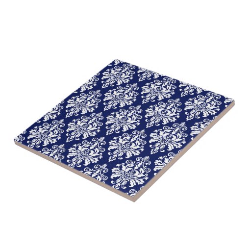 Elegant Navy Blue and White Damask Pattern Ceramic Tile Zazzle