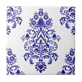 Elegant Navy Blue And White Damask Pattern Ceramic Tile