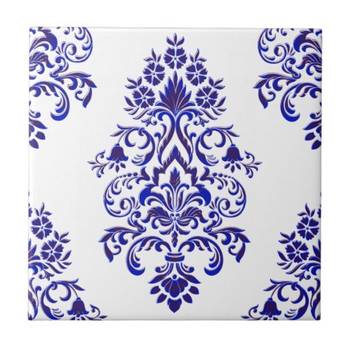 Elegant Navy Blue And White Damask Pattern   Ceramic Tile