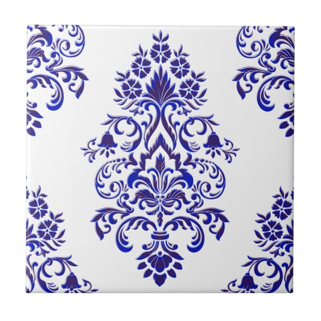 Elegant Navy Blue And White Damask Pattern   Ceramic Tile (Front)