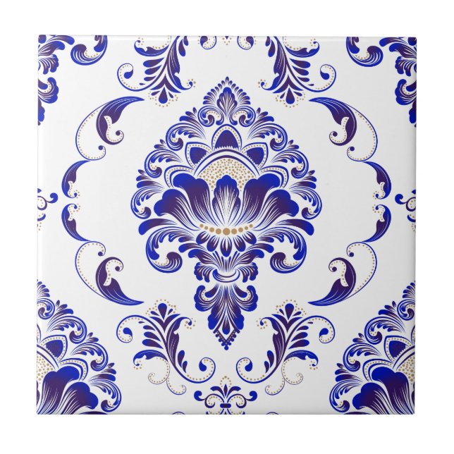 Elegant Navy Blue And White Damask Pattern  Ceramic Tile (Front)