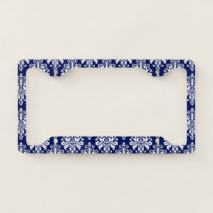 Elegant Navy Blue and White Damask Pattern License Plate Frame