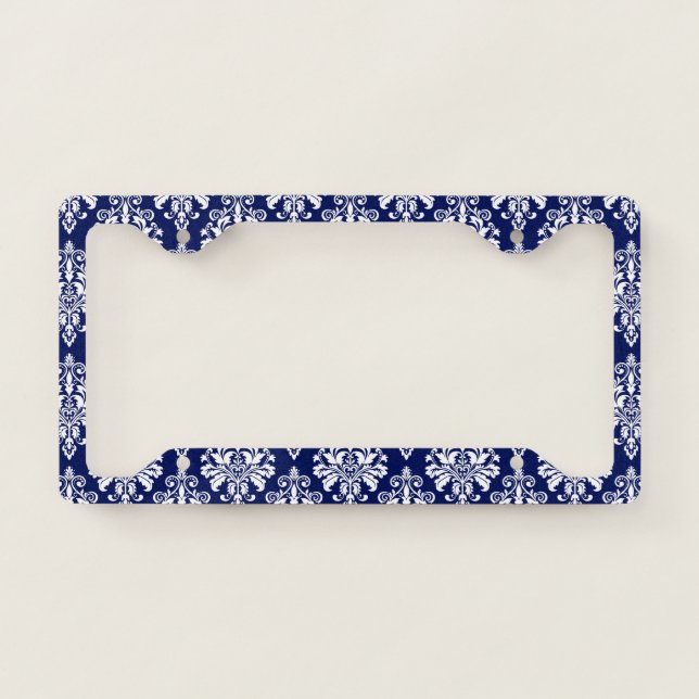 Elegant Navy Blue and White Damask Pattern License Plate Frame (Front)