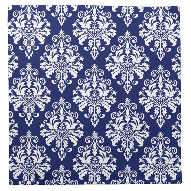 Elegant Navy Blue and White Damask Pattern Napkin (Front)