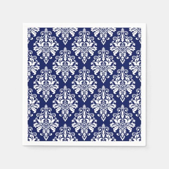 Elegant Navy Blue and White Damask Pattern Paper Napkins