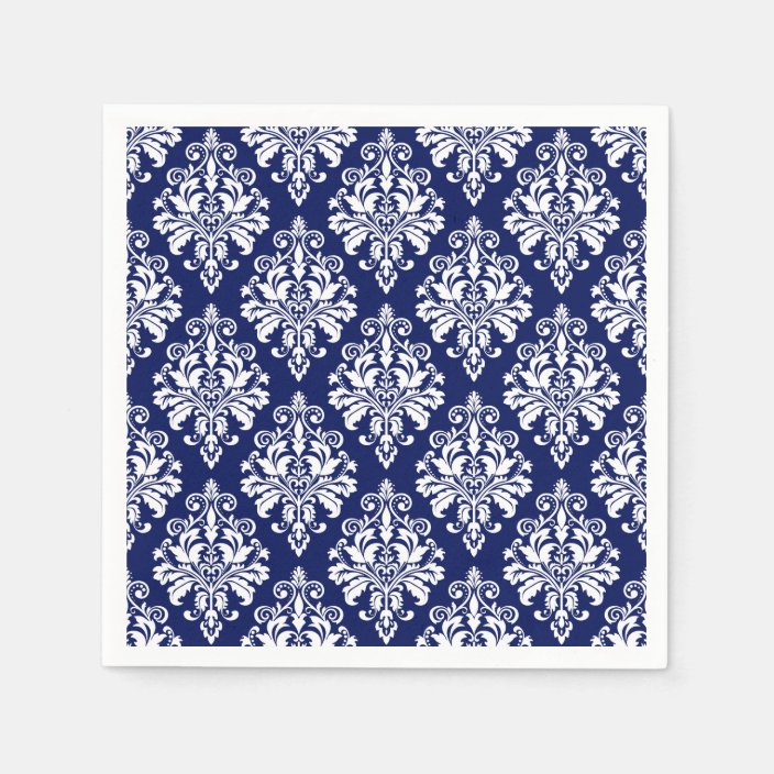 Elegant Navy Blue and White Damask Pattern Paper Napkins
