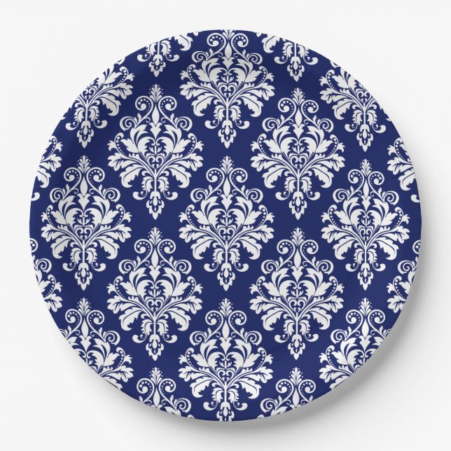 Elegant Navy Blue and White Damask Pattern Paper Plates (Front)