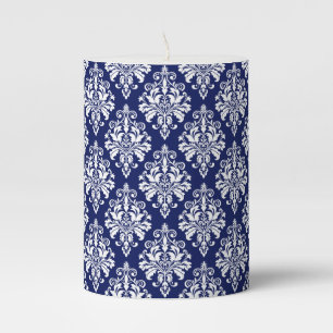 Elegant Navy Blue and White Damask Pattern Pillar Candle