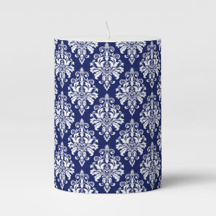 Elegant Navy Blue and White Damask Pattern Pillar Candle