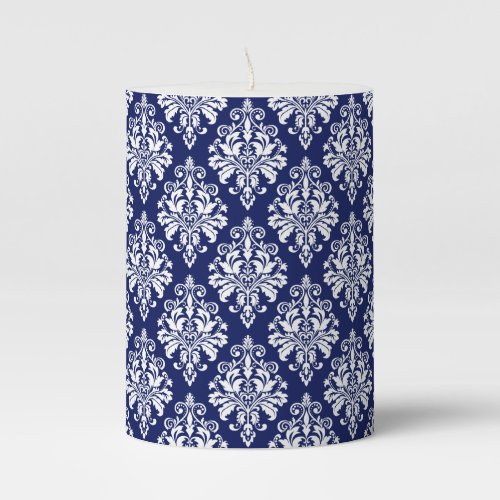 Elegant Navy Blue and White Damask Pattern Pillar Candle