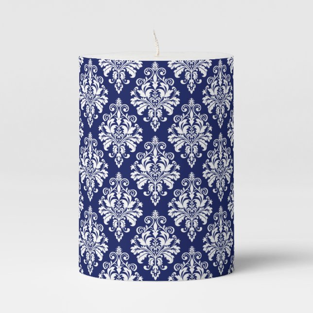 Elegant Navy Blue and White Damask Pattern Pillar Candle (Front)