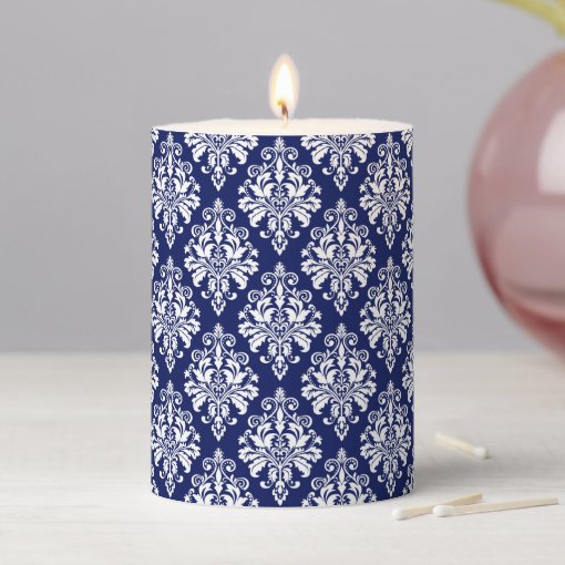 Elegant Navy Blue and White Damask Pattern Pillar Candle | Zazzle