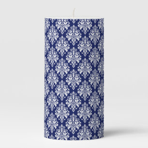 Elegant Navy Blue and White Damask Pattern Pillar Candle