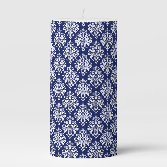 Elegant Navy Blue and White Damask Pattern Pillar Candle (Front)