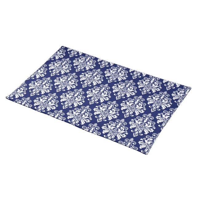 Elegant Navy Blue and White Damask Pattern Placemat (On Table)