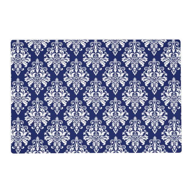 Elegant Navy Blue and White Damask Pattern Placemat (Front)