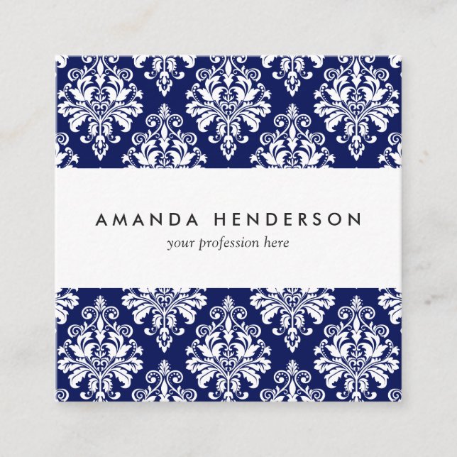 Elegant Navy Blue and White Damask Pattern Square Business Card (Front)