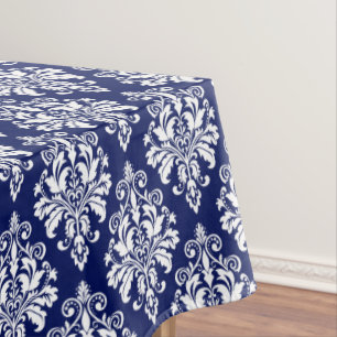 Elegant Navy Blue and White Damask Pattern Tablecloth