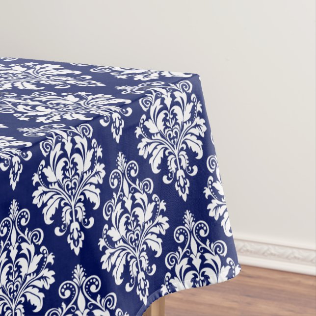 Elegant Navy Blue and White Damask Pattern Tablecloth (In Situ)