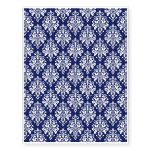 Elegant Navy Blue and White Damask Pattern Temporary Tattoos
