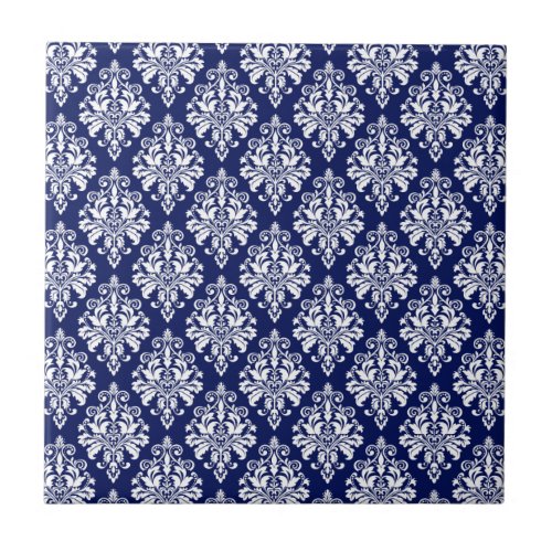 Elegant Navy Blue and White Damask Pattern Tile