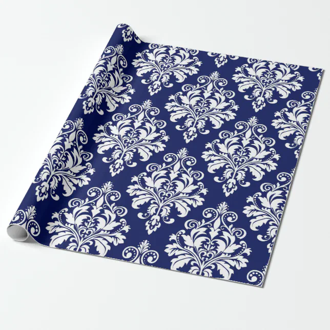 Elegant Navy Blue and White Damask Pattern Wrapping Paper | Zazzle