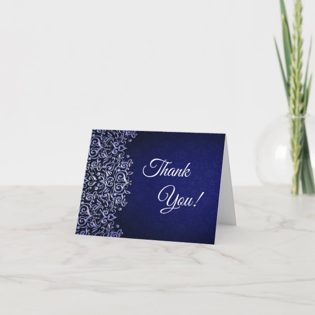 Elegant Navy Blue and White Damask Thank You Card (Front)