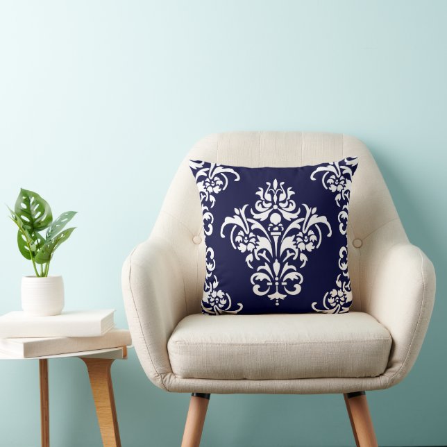Elegant Navy Blue and White Damask Throw Pillow (Chair)