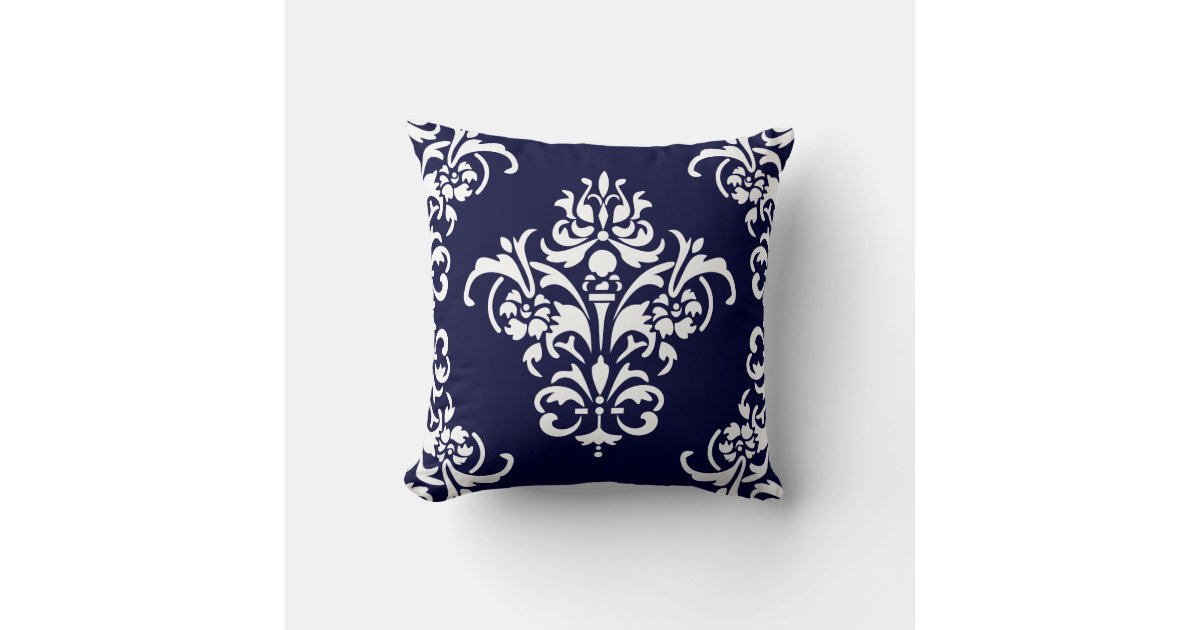 Elegant Navy Blue and White Damask Throw Pillow Zazzle