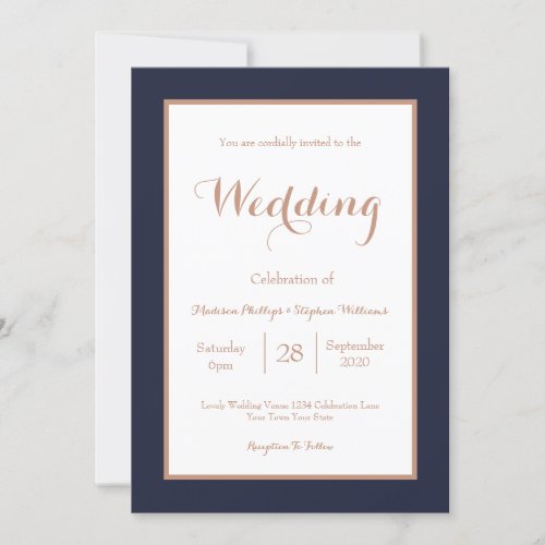Elegant Navy Blue and White Faux Rose Gold Wedding Invitation