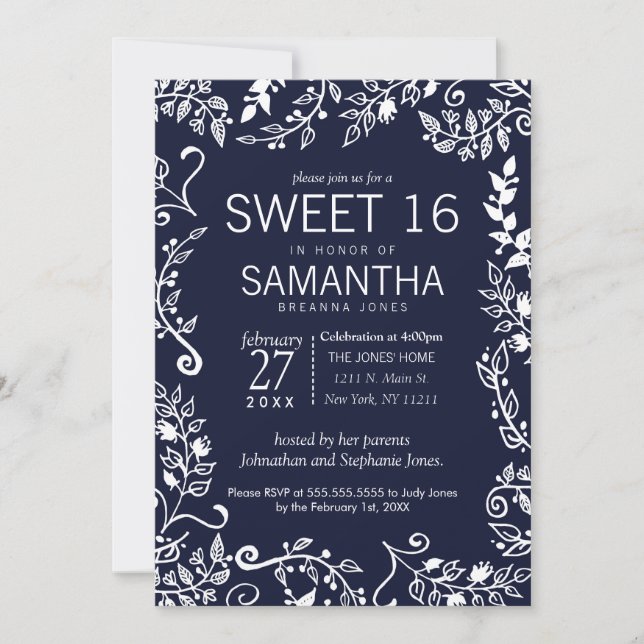 Elegant Navy Blue and White Floral Sweet 16 Invitation (Front)