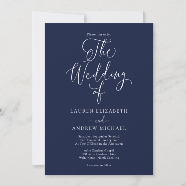 Elegant Navy Blue and White Minimalist Wedding Invitation (Front)