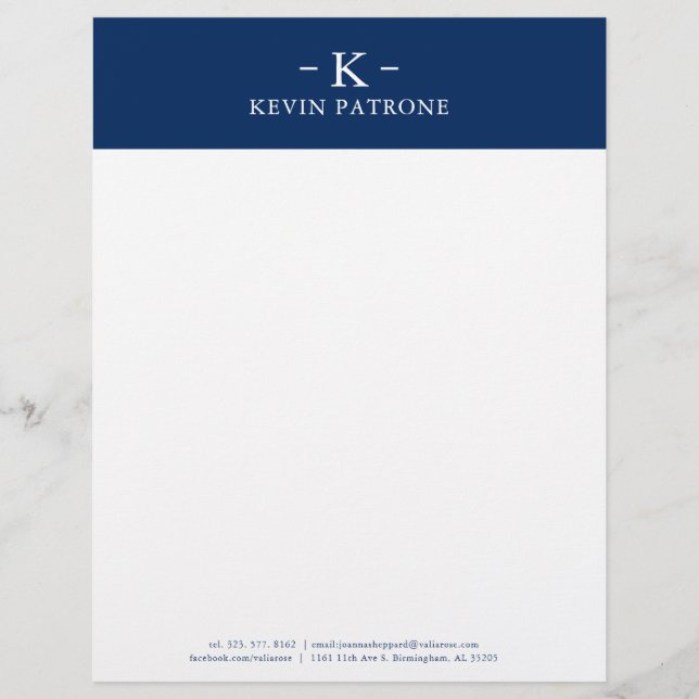 Elegant Navy Blue and White Minimalistic Letterhead (Front)