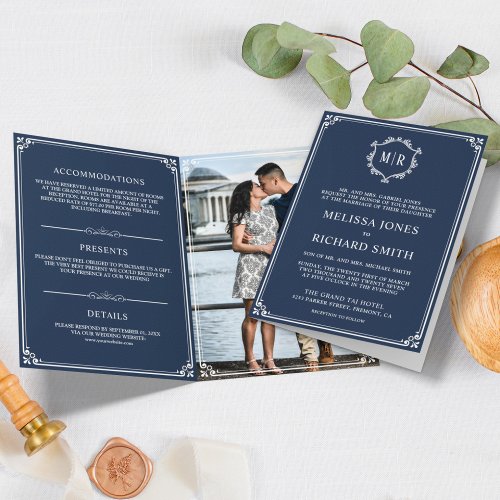 Elegant Navy Blue and White Monogram Wedding Invitation