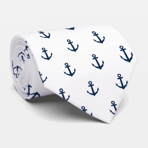 Elegant navy blue and white nautical anchor print neck tie