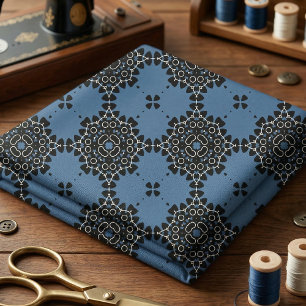 Elegant Navy Blue and White Oriental Lace Mandala  Fabric
