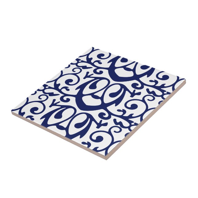 Elegant Navy Blue and White Pattern Ceramic Tile (Side)