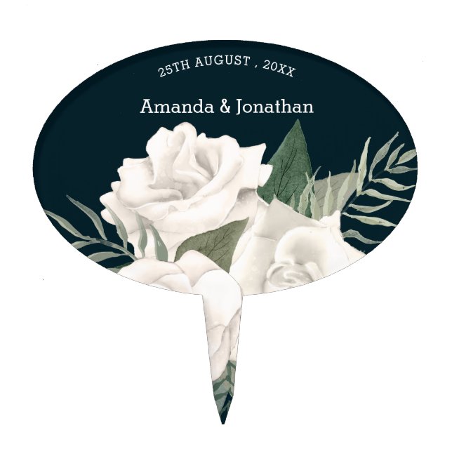 Elegant Navy Blue and White Roses Wedding  Cake Topper (Front)