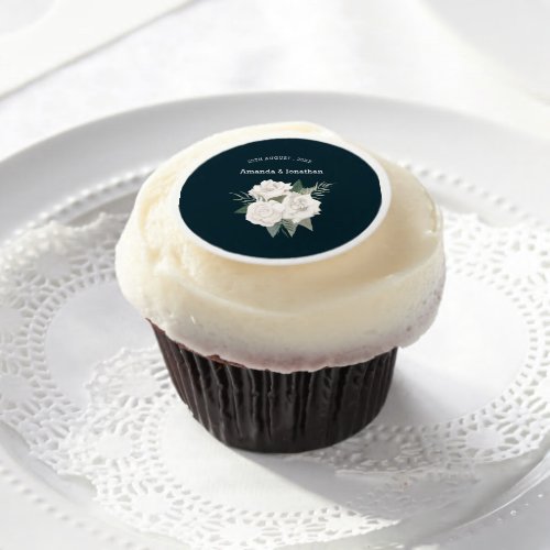 Elegant Navy Blue and White Roses Wedding  Edible Frosting Rounds