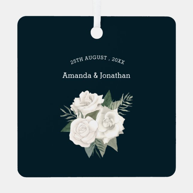 Elegant Navy Blue and White Roses Wedding Holiday Metal Ornament (Back)