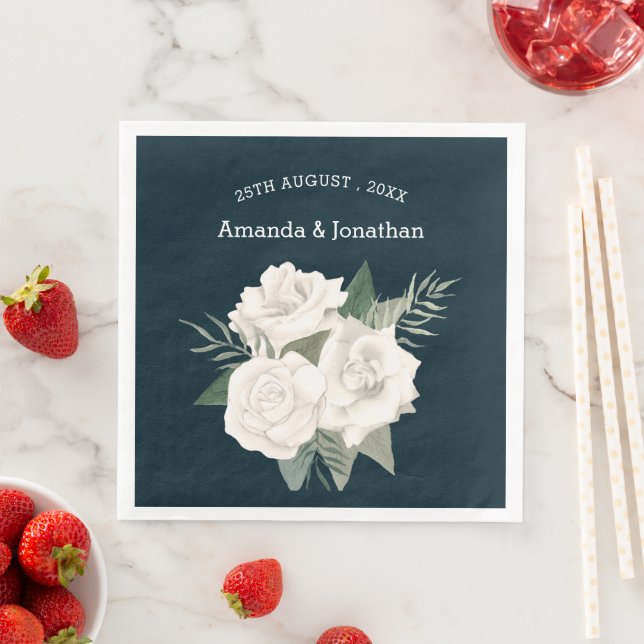 Elegant Navy Blue and White Roses Wedding Paper Dinner Napkins (Insitu)