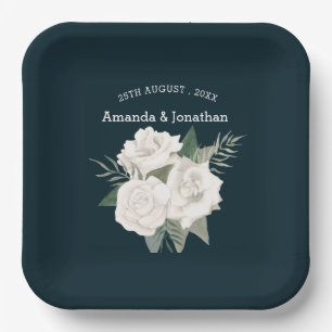 Elegant Navy Blue and White Roses Wedding Paper Plates