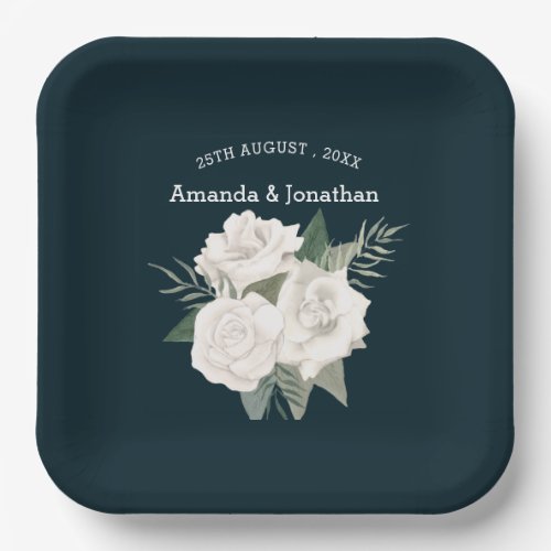 Elegant Navy Blue and White Roses Wedding  Paper Plates