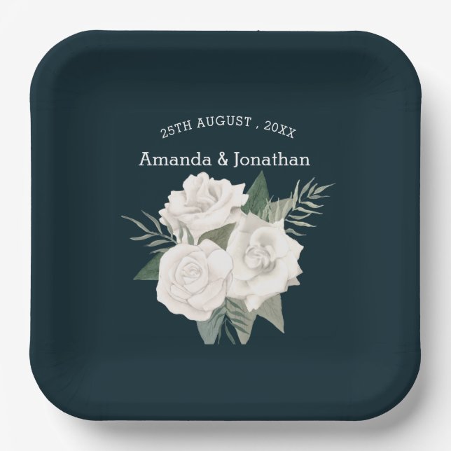 Elegant Navy Blue and White Roses Wedding  Paper Plates (Front)