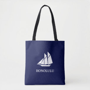 Elegant Navy Blue and White Sailing Yacht Tote Bag