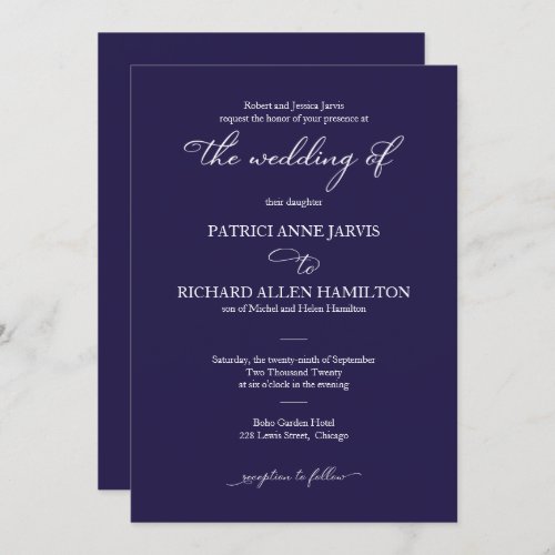 Elegant Navy Blue And White Script Classic Wedding Invitation