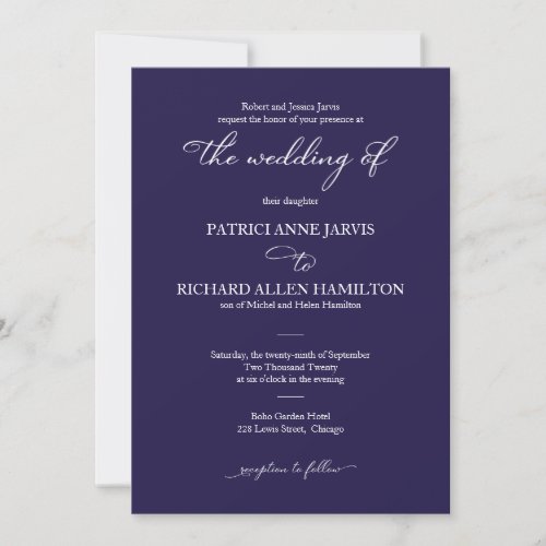 Elegant Navy Blue And White Script Classic Wedding Invitation
